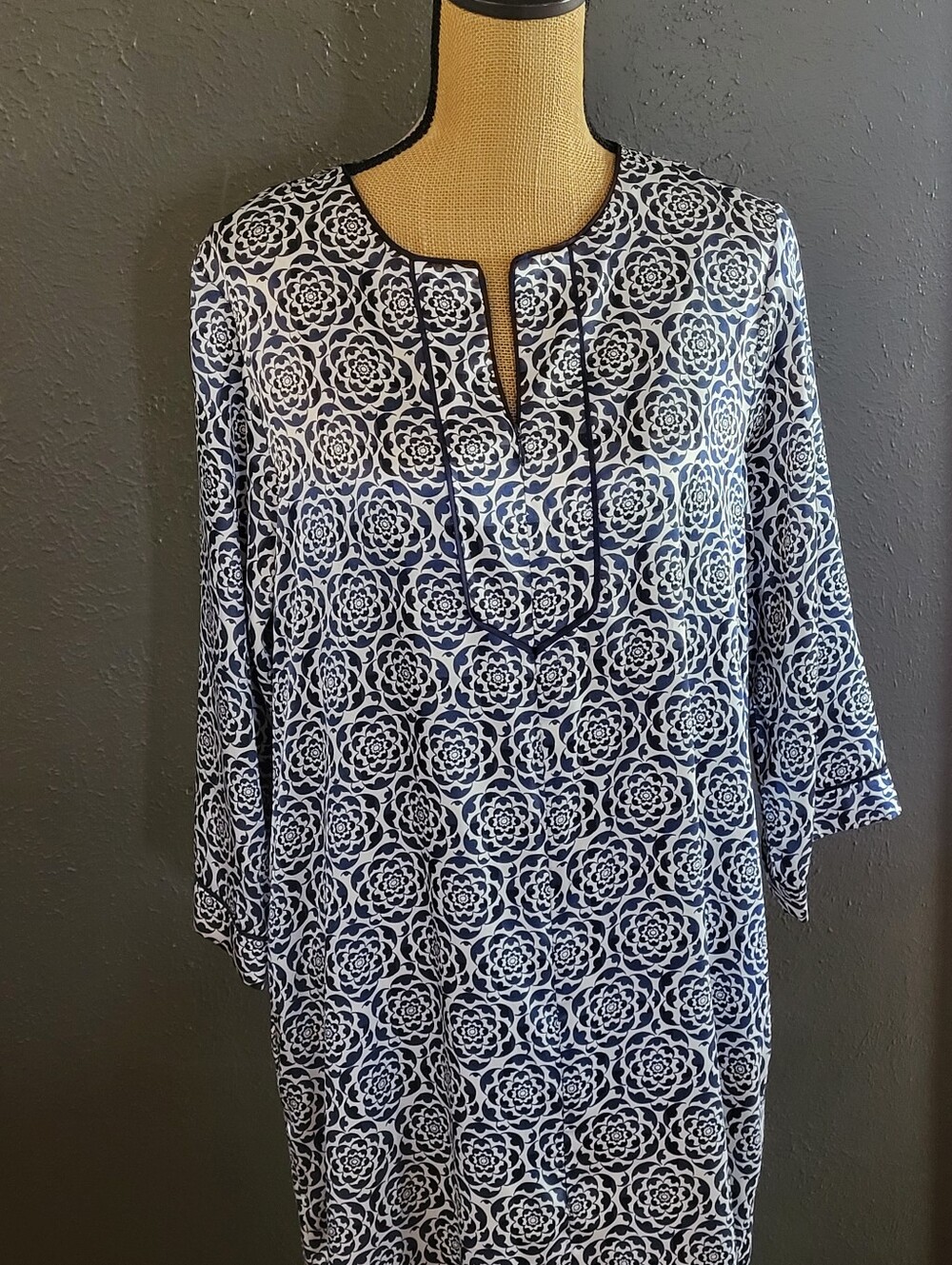 Oscar De La Renta Blue/White Floral Polyester Satin Kaftan Medium - Picture 9 of 11